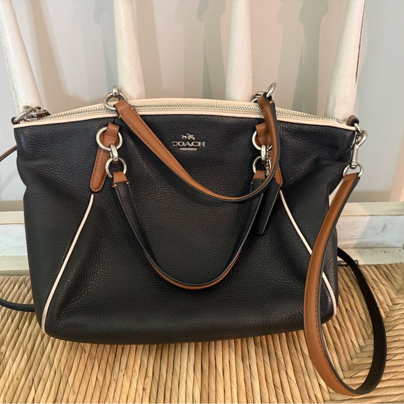 Coach Handbags - Coach Black Leather Bag with Brown Trim and White Piping